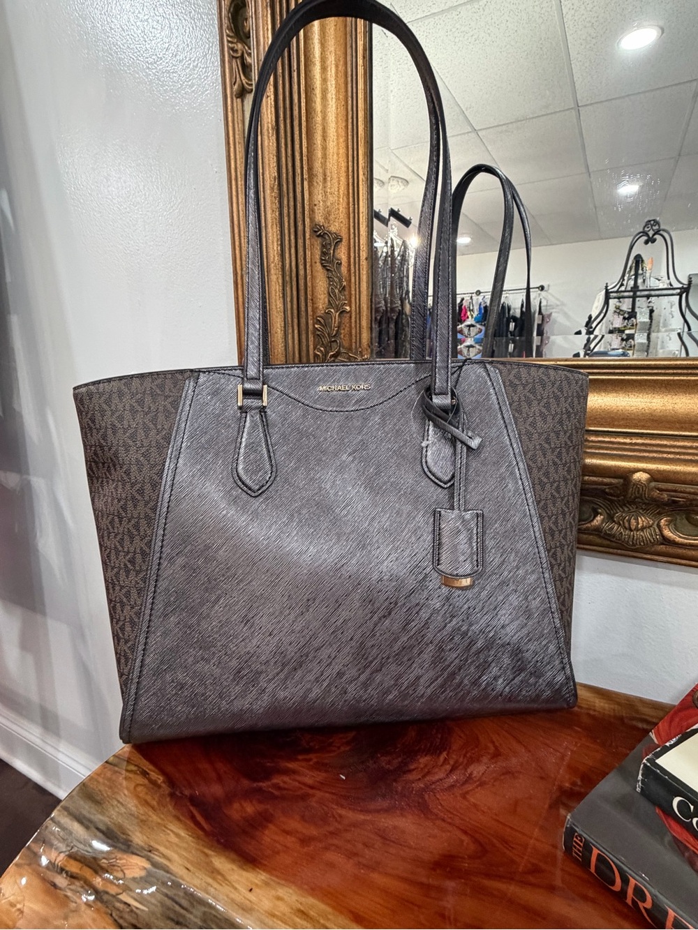 Michael Kors Taryn Brown monogram Tote with Textured Leather Panels